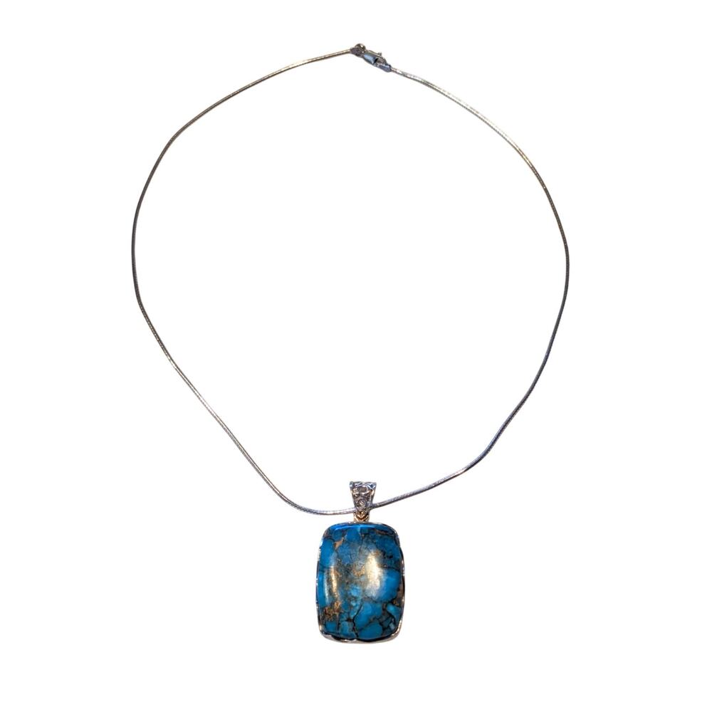 VTG 925 Sterling Silver Copper Turquoise Pendant on Sterling 18" Cable Wire - Picture 3 of 9